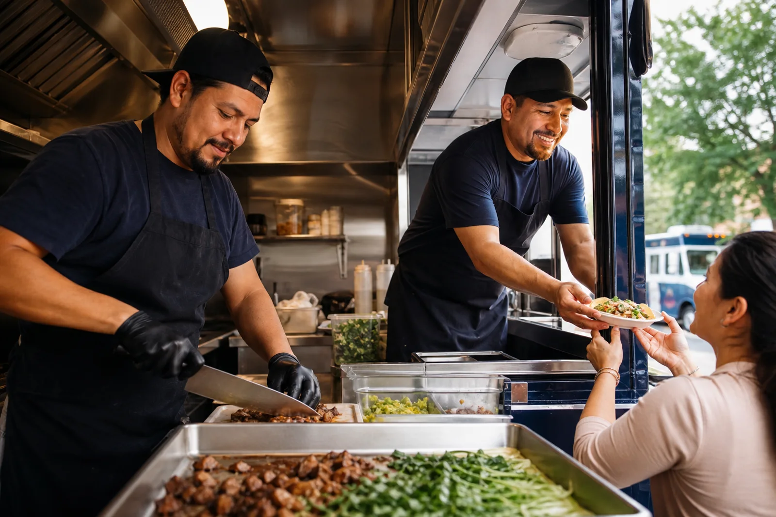 Equipo de un food truck preparando y sirviendo alimentos